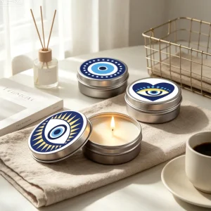 Private Label Eco friendly Cotton Wick Soy Wax Evil Eye Small Mini Tin Scented Candles For Wedding Gifts