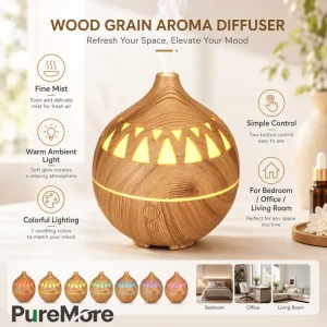 Quiet Wood Grain Ultrasonic Cool Mist Aroma Lamp with Warm Night Light for Bedroom and Office