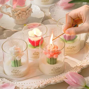 Romantic Elegant Tulip Aromatherapy Soy Mixed Wax Scented Candles in Glass Jar for Diwali Holidays Bars