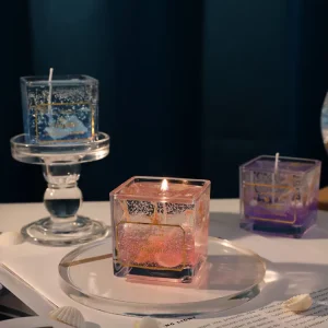 Romantic Handmade Soy Wax Square Art Jelly Votive Candles Scented Glass Holders Modern Design Environment Friendly Diwali