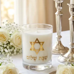 Shabbat Candle Glass Jar with Star of David Hebrew Text 7 Day Ritual Gift Set for Jewish Holidays Eco Friendly Handmade