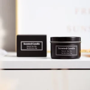 Simple Black Tin Single Wick Smokeless Soy Wax Scented Candle Elegant Black Cup Bag Style
