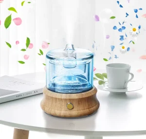 Small Glass Essential Oil Diffuser 80ml with Wooden Base, Ultrasonic Cool Mist and LED Light