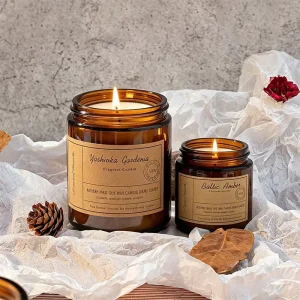 Smokeless Semi Handmade Soy Wax Candle Set Cylindrical Glass Jar Gardenia Amber Fragrance Home Decor Gift