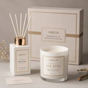 Square Bottle Reed Diffuser Glass Aromatherapy Scented Candle Gold Lid Home Fragrance Gift Set for Spa Room OEM Packaging