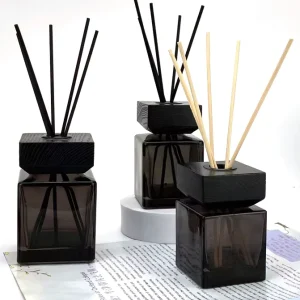Square Flat Reed Diffuser Bottle with Black Wood Lid, Empty Fragrance Container