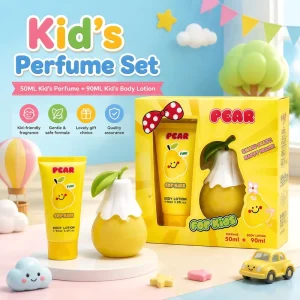 Story of Brand 50ml Kids Perfume + 90ml Kids Body Lotion OEM Cute Pear Design Fruitly Spray for Children Gift Set