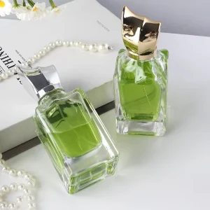 Unique 100ml Clear Square Narrow Neck Glass Perfume Spray Bottle with Boat Shaped Irregular Cap For Luxury Fragrances