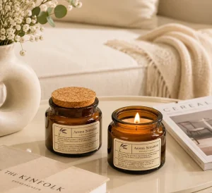 Unique Natural Wooden Cork Amber Tone Glass Cup Scented Blended Wax Interior Fragrance Handmade Soy Wax Candle for Ceremony