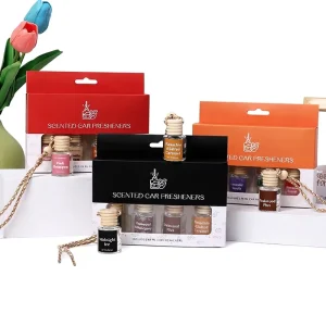 Wooden Wall Mounted Car Air Freshener Gift Set with 4 Long Lasting Aromatherapy Essential Oil Perfumes